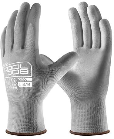 COOLJOB 12 Pairs Safety Work Gloves Pack Bulk with Grip PU Coating, 13 Gauge Seamless Knit Gloves with Polyurethane Dipped for Warehouse Working, Breathable Lightweight for Men Women, (Grey, Medium)