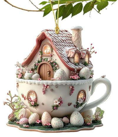 Acryl- -Ornamente, Kaffeetassen-Haus, Osterei, -Anhänger – 2D-Acryl, flach, hängende Dekoration, Osterschmuck für Baumschmuck