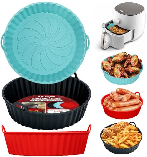 Alyvisun Moldes Silicona Freidora de Aire, 3 Piezas Recipientes Bandeja para Freidora sin Aceite Reutilizable Redondo Utensilios Cesta para Air Fryer, Microondas, Horno (Rojo+Negro+Azul)