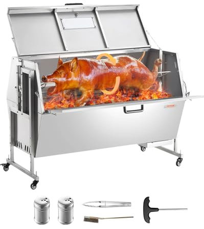 VEVOR Barbecue à Charbon avec Tournebroche Électrique 60 W, Rôtissoire Barbecue Capacité de Charge 130 kg, en Inox, avec Couvercle et Roues Verrouillables, pour Agneau Porcelet Poulet, Camping