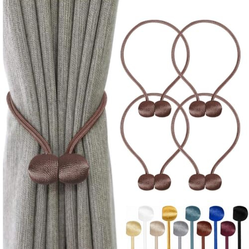 TopHomer Magnetische Vorhang Raffhalter, 4 Stück, Braun | Gardinenhalter, 10 Farben, Für Wohn-/Schlafzimmer, Bad & Esszimmer, Passt zu Vorhängen/Gardinen/Duschvorhänge