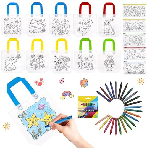 Priksia Kindergeburtstag Spiele-Taschen zum Bemalen für Kinder, Stofftaschen zum Bemalen Set-10 Stoffbeutel/5 Stifttaschen/24 Wachsmalstifte,für Basteln Kindergeburtstag, Mitbringsel, Spiele-DIY