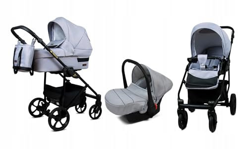 BabyLux® Kinderwagen Set 3 in 1 - Trailux - Silver - incl. Babywanne, Buggy Sportsitz, Auto-Babyschale - Autositz - Kinderwagenset - Kombikinderwagen mit Wickeltasche, Regenschutz usw.