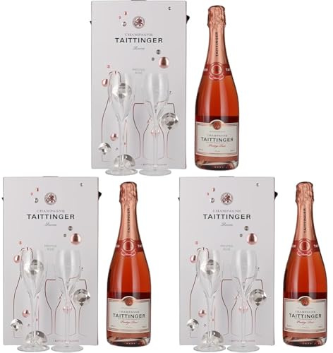 Taittinger Champagner 0,75l Brut Prestige Rosé mit zwei Gläser im Geschenkkarton - Geschenkset (Packung mit 3)