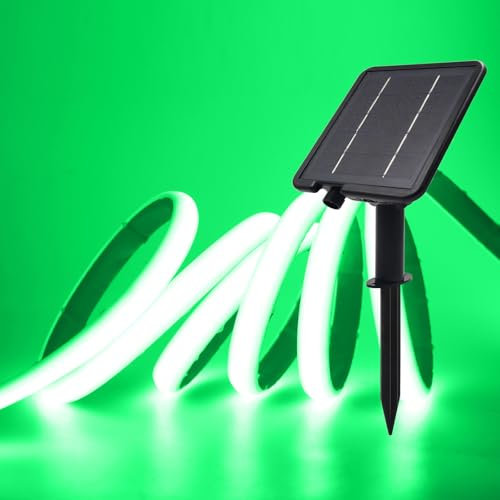 XUNATA Lumière au néon LED Solaire, Bande LED COB IP65 Etanche Néon Extérieur, 8 modes, 320 LEDS/M Flexible Bande lumière pour Clôture, Jardin & Cour (Vert, 0.5M)