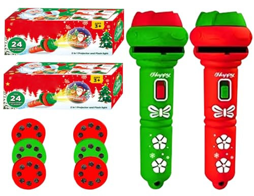 Trrymbbe Proiettore di Torcia per Natalizi per Bambini 2 Set di Bambini Carini proiettore Torcia con 24 Motivi Pulsante per diapositiva Rotante Batteria Gift di Natale per per per