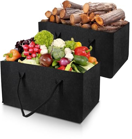 EFUTURETIME 2 Stk. Filztasche XXL 61 × 32 × 32cm 60L Shopper Schwarz | Tasche aus Filz, Faltbar, Filzkorb für Kaminholz, Kleider, Spielzeug, Gemüse und Obst