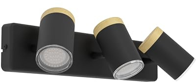 Eglo 3-Light Ceiling Lamp Consuma, Spotlight for Living Room and Bathroom | Light with 3 Spots, Wood Black Steel, GU10 Socket, IP44