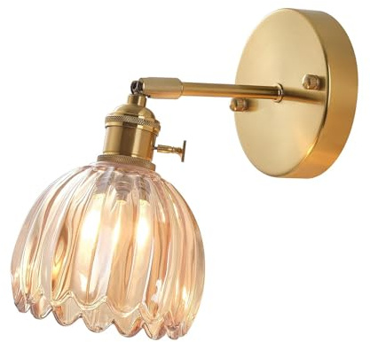 Vintage Appliques Murale en Verre, Industrielle Lampe Murale avec Interrupteur en Métal Doré, Luminaire Mural pour Couloir, Chambre, Salon, Douille E27 (Ambre)