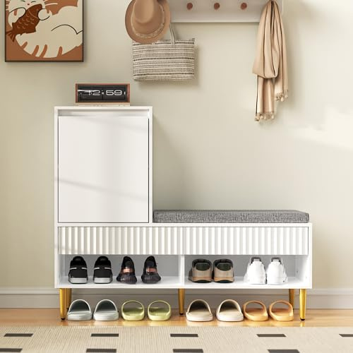 ModernLuxe Schuhschrank mit Sitzbank Weiß, 1 Tür + 2 Schubladen, 2 offene Ablagefächer, Gepolsterter Sitz, Metallbeine, Flur, Diele, Eingangsbereich, 100×35×90 cm