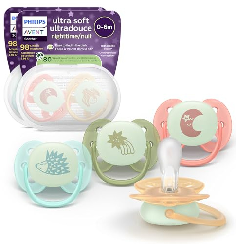 Philips Avent Ultra Soft Nighttime Soothers - Orthodontic Design, for Babies 0-6 Months, Glow in the Dark, Flexible Shield, Symmetrical Silicone Teat, BPA-Free, Sterilising Cases, 4 Pack, SCF094/07