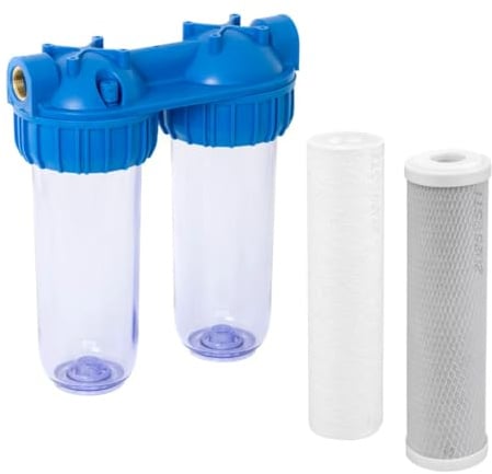STI Porta Filtro acqua a 2 stadi compresi filtri PP – CTO con cartucce da 10” 254mm attacco da 3/4”