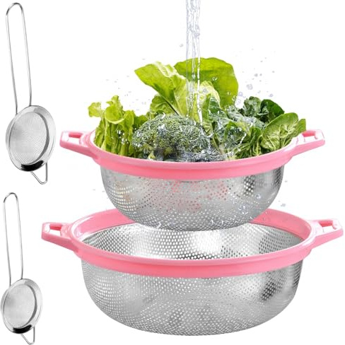 2 Pcs Stainless Steel Colanders, Pink Kitchen Sieve Bowls with 2 Pcs Fine Mesh Strainers, Draining Mesh Net Baskets Set with Handles for Pasta, Spaghetti, Vegetables
