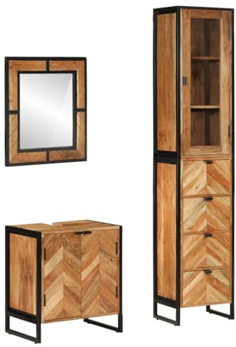 Teenpull Ensemble de 3 meubles de salle de bain en bois d'acacia massif et fer revêtu par pulvérisation, 40 x 27 x 190 cm, armoire de salle de bain, meuble sous lavabo, miroir pour salle de bain