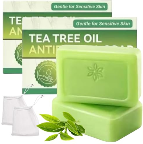 2 PCS Tea Tree Soap with Foaming Nets - Tea Tree Oil Clean Soothing Soap for Body, Foot & Face, Gentle Natural Tea Tree Oil Soap for Sensitive Skin, Deep Cleansing, Controls Oil,Fights Odor, 100g Each