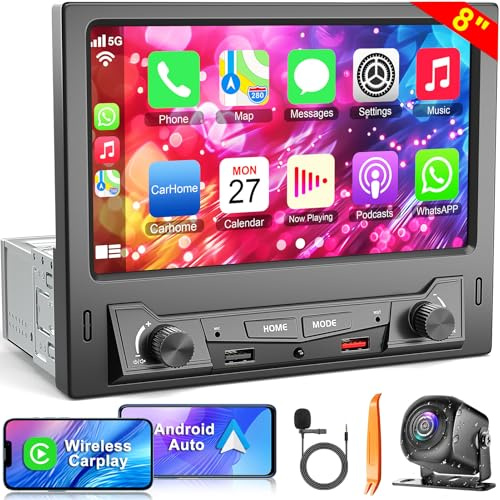 Kabelloses Single-Din-Autoradio mit Carplay Android Auto-Touchscreen, 8'' Auto-Audio-Receiver-Headunit, Bluetooth 5.3, Rückfahrkamera, FM/AM, SWC, 2USB, Mirrorlink, Ladefunktion