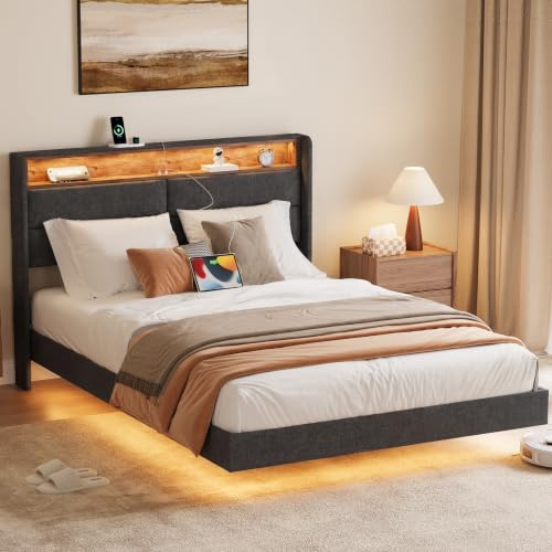 HAUSPROFI Polsterbett Schwebebett mit LED-Beleuchtung, Kopfteil und Ladestation (1 AC-Steckdosen, 2 USB-Anschlüsse), Bett mit Stauraum, Modern Doppelbett mit lattenrost, Leinen (Grau, 140 x 200 cm)