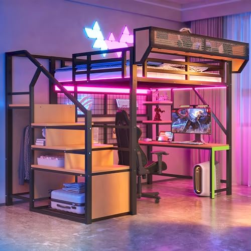 Huayz Letto a soppalco in metallo, 140 x 200 cm, con scrivania, ripiano, letto per ragazzi con scala contenitore, LED e presa, multifunzionale, per bambini e ragazzi, senza materasso (nero, 140 x 200