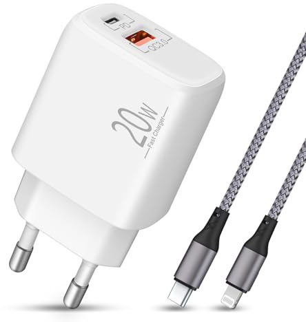 2-Port 20W Ladegerät + Ladekabel Lightning für iPhone 14 13 12 11 Pro Max | 1M Nylon Kabel + Netzteil für iPhone mini/SE/XR/XS/X/8, iPad mit Lightning-Anschluss, Charger Apples mit Schnellladekabel