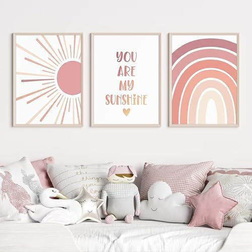 CULASIGN 3er Poster Set Kinderzimmer, You Are My Sunshine Aquarell Regenbogen Leinwandbilder Wandbilder, OHNE Rahmen Wanddeko für Mädchen Babyzimmer (50 x 70 cm)