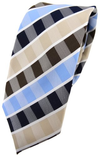 TigerTie - schmale Designer Krawatte in beige braun blau hellblau weiß gestreift