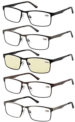 Amcedar 5 stuks Lesebrille Herren Rechteck Rahmen Metall Grau Edelstahl Material Federscharniere Enthalten Computer Lesebrille 2.50
