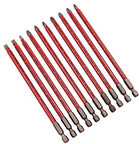 Amtech - 10pc 150mm Non-Slip Bit Set, Long-Reach Pozi, Phillips & Slotted S2 Steel Bits, for Deep or Recessed Screwdriving Tasks