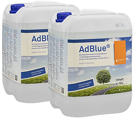 A&G-heute AdBlue - Solución de urea de alta pureza para reducción de gases de escape SCR, 20 l, 2 x 10 litros, ISO 22241, manguera de llenado, reduce la emisión de óxidos de nitrógeno | todas las