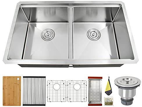LQS Undermount Kitchen Sink 32x 19,Workstation Ledge Kitchen Sink Handmade Undermount Sink 50/50 Double Bowl Stainless Steel Kitchen Sinks, 16 Gauge with Deep Kitchen Sink