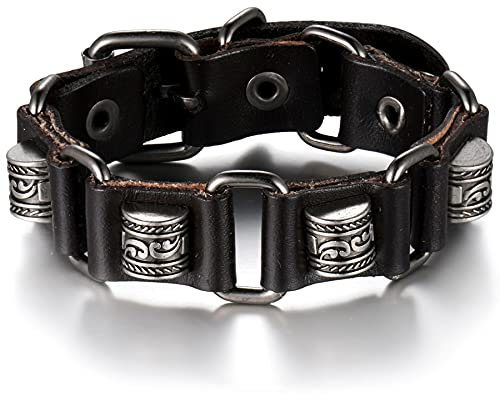 JewelryWe Schmuck Herren Armband Pik-Ass Poker Totenkopf Schädel Lederarmband Manschette Armreif Schwarz Braun Tribal Punk Geschenk