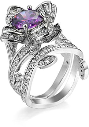 Bishilin Anelli da Fidanzamento Rotonda, Zircone Viola intarsiato con Fiore di Rosa Anelli Pietre Zirconia Cubica Placcato in Oro Bianco, Regalo Femminile di Anello Viola 25