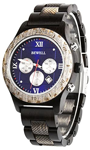 BEWELL Holzuhr für Herren, Retro Casual Analog Quarz Holzuhren 3 Hilfszifferblätter Bunte Armbanduhren