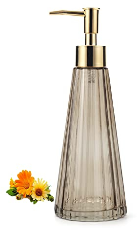 Distributeur de Savon Liquide en Verre pour Salle de Bain, Cuisine, Distributeur de Savon en Verre avec Pompe Antirouille Argentéer 300ml (Marron)