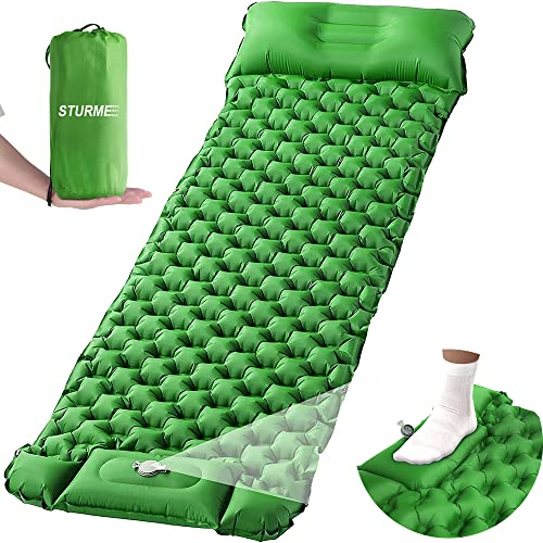 STURME Camping Isomatte Selbstaufblasend mit Fußpresse Pumpe, Outdoor Aufblasbare Luftmatratze Ultralight Isomatte, Langlebige Matratze, Faltbare Schlafmatte mit Kissen für Wandern, Outdoor -Grün