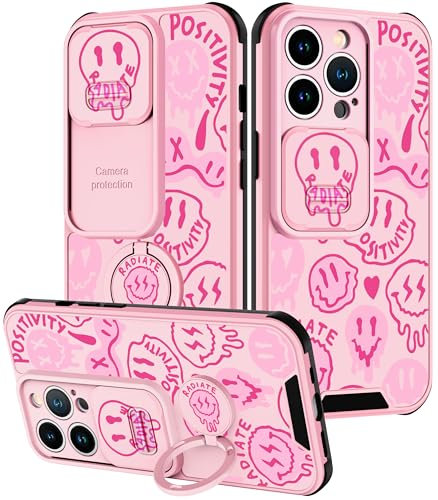 Goocrux (2in1) for iPhone 13 Pro Max Case Smiley Face Cute Women Girls Phone Cover Distorted Smile Design with Slide Camera Cover+Ring Holder Unique Pink Teen Cases for iPhone 13 Pro Max 6.7''