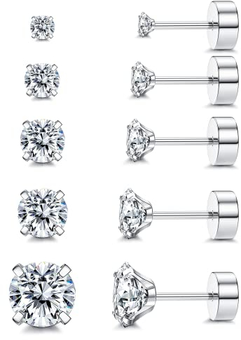 MILACOLATO Titan Ohrstecker für Damen Herren Hypoallergene CZ Flache Rückseite Ohrstecker Cubic Zirkonia Knorpel Ohrstecker Set, 5Paare 2/3/4/5/6mm