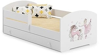 KOBI Letto per Bambini con Sponde LUK | Unicorno Rosa e Ballerina Lettino Bambina con Cassetto | 160 x 80 CM | Lettino Bambino con Materasso | Lettini per una Ragazza un Ragazzo | Letto Bimbo Singolo