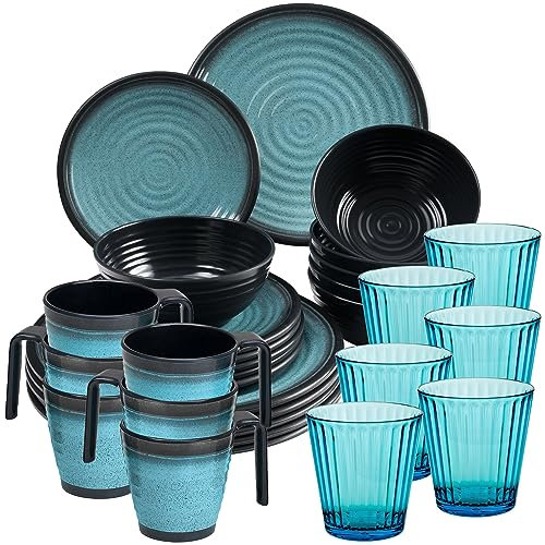 Melamin Geschirr Set 30 Teile elegante Steingut Optik in blau mit Tassen Wasserglas 360ml blau - für 6 Personen Essgeschirr Gläser Wasserglas Tumbler Whiskey Campinggeschirr Camping Outdoor