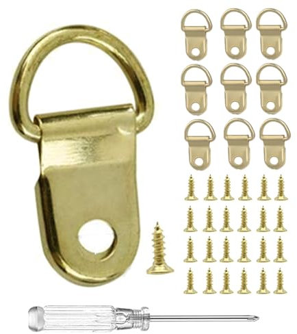 YHYZ D Ring Picture Frame Hanging Hooks (50 Sets ), Gold Picture Hangers X 50pcs + Srews X 50pcs + Screwdriver, for Pictures Canvas Painting Mirror Art Crafts Clock