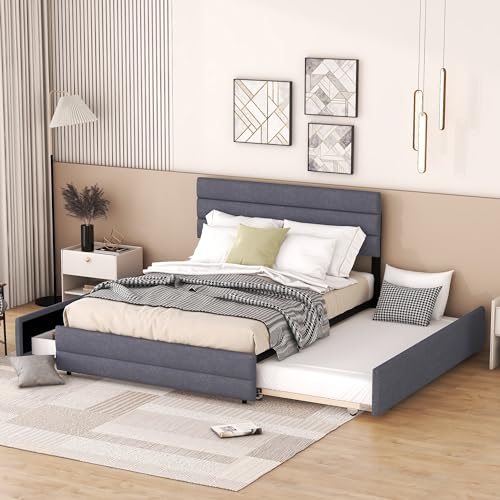 Kayan Polsterbett 140 x 200cm, Doppelbett Ausziehbett mit Ausziehfunktion, Zwei Schubladen, Lattenrost aus Holz, Familienbett Ausziehbares Bett 200x140cm, Linen (Grau)