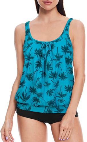 loginsummer Maillot de Bain Femme 2 Pieces, Ensembles de Tankini pour Femme Grande Taille, Tankini Taille Haute avec Short de Garçon, Maillot de Bain Gainant Le Ventre（Fleurs Bleues,EU46）