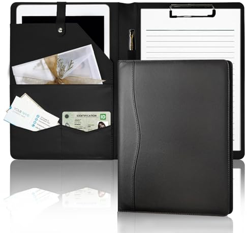 Drlmeio Porte-bloc A4 en cuir synthétique - Conférencier A4 avec porte-bloc - Porte-documents A4 - Noir - Élégant - Pour homme et femme - Imperméable et antidérapant