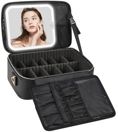 Twofold Makeup Bag with LED Mirror, Large Capacity Travel Cosmetic Train Case Organiser Box for Women with Dividers and Rechargeable Vanity Mirror with 3 Color Lights