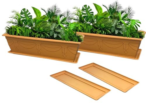 VR7 60cm Long Garden Planters with Trays - 2 Pack Durable Plastic Trough for Raised Window Planting - Ideal for Flowers, Herbs, and Vegetables (Terracotta, Including Trays)