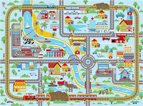 Capslpad Kinder Spielmatte 160x100cm rutschfest Stadtplan Spielplatz Teppich Waschbar Auto Spielmatten Kurzflor Stadtleben Lernen Bildungsbereich Teppich für Kinderzimmer Spielzimmer Dekor,Hellblau