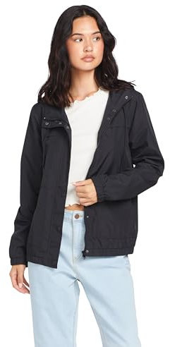 Volcom Hooded Zip Front Windbreaker Jacket (Regular & Plus Size) Enemy Stone Veste Coupe-Vent à Capuche avec Fermeture éclair sur Le Devant Standard et Grandes Tailles, Noir 324, XS Femme