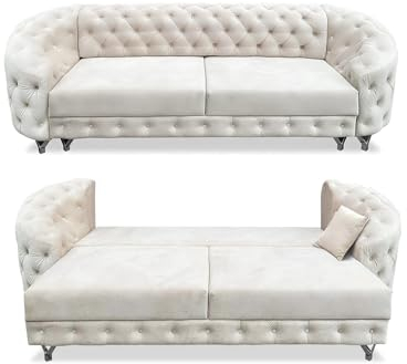 SILKMARKS® Chesterfield Sofa mit Schlaffunktion - 3-Sitzer Sofa - Premium Komfort - Wasserabweisender und kratzfester Samt - Couch mit extra Stauraum - Elegantes Design (Weiß)