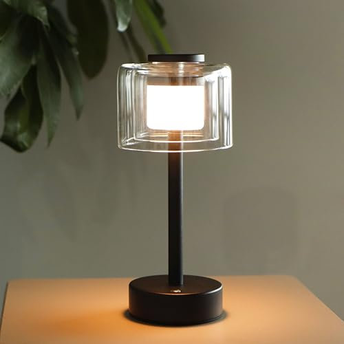 JHY DESIGN Industrial Touch Control Tischlampe 27cm hoch 3-Wege dimmbare Nachttischlampe wiederaufladbare mit Glasschirm für Schlafzimmer Wohnzimmer Esszimmer Außenbereich