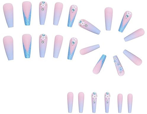 Ycagrain 24Pcs Rose Bleu Dégradé Camélia Faux Ongles Long Coffin Nail Tips Manucure Glitter Nails