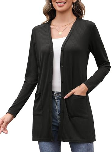 Totatuit Long Sleeve Cardigans Open Front Cardigans Women Lightweight Knitted Longline Cardigan Mid-Lendth Ladies Spring Knitwear with Pocket 05 Black XL